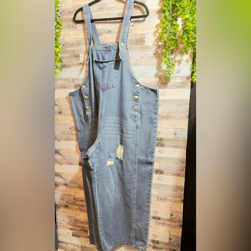 Light Blue Distressed Denim Overalls - Women's Jeans - Picture 2 of 7